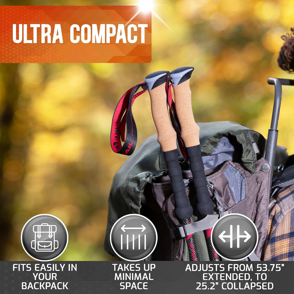 Pike Trail Trekking Poles - Lightweight Carbon Fiber Collapsible Sticks for Walking and Hiking - for Men and Women - Adjustable Height and Retractable Design - Carry Bag and Attachments Included