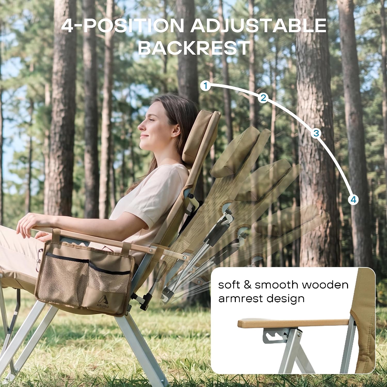 Reclining Camping Chair, Heavy Duty Folding Chairs with 4-Stage Adjustable High Back for Adults, Compact Foldable Outdoor Patio Reclining Chair with Storage Bag (Khaki, 2 Pack)