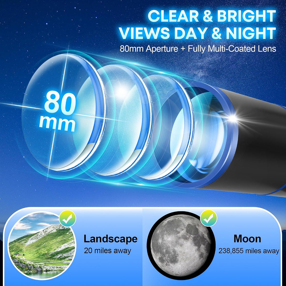 Hawkko Portable Telescope for Kids & Beginners 80mm Aperture 500mm