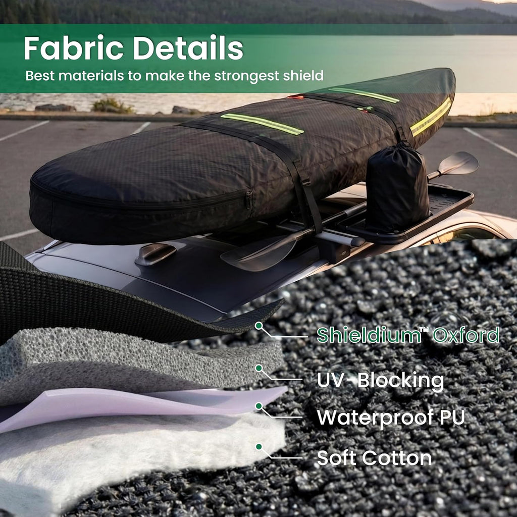 12-14 FT Kayak Cover, Made of 600D Oxford Fabric with a Cotton Lining. Features a Full-Coverage Design, Complete with Zippers and Fluorescent Straps.Suitable for Both Indoor and Outdoor Storage