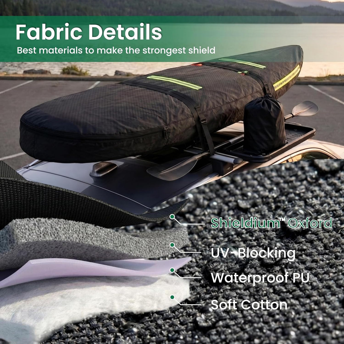 12-14 FT Kayak Cover, Made of 600D Oxford Fabric with a Cotton Lining. Features a Full-Coverage Design, Complete with Zippers and Fluorescent Straps.Suitable for Both Indoor and Outdoor Storage