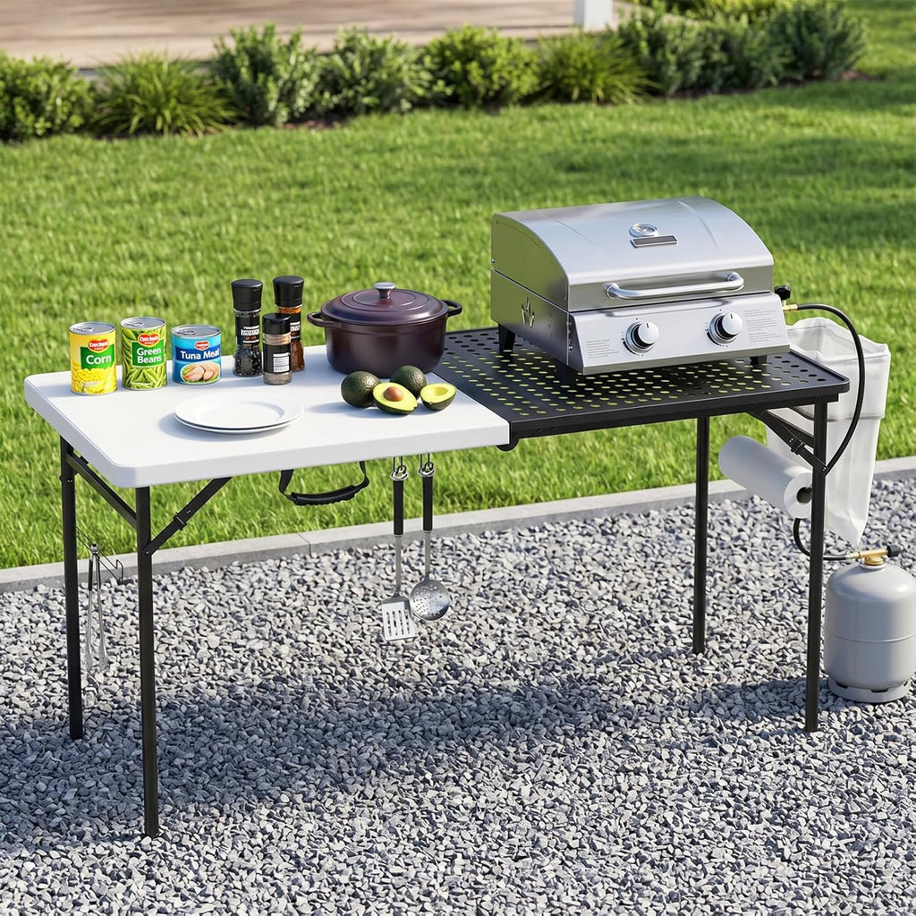 5ft Folding Table for Picnic Camping, Portable Outdoor Table with Metal Grid Grilling Surface, Heavy Duty Foldable Table for Cook Prep,Suitable for Camping, Backyard, Patio and Beach