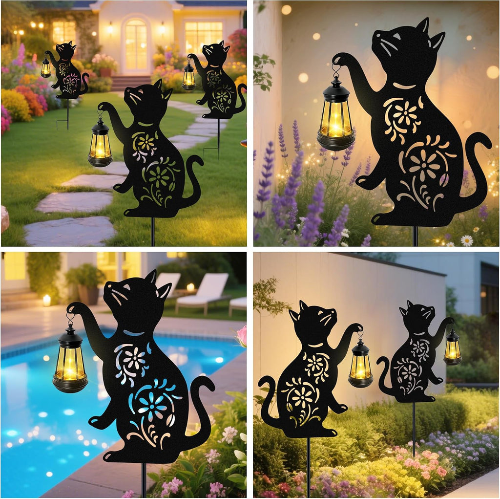 Solar Cat Hanging Lantern Outdoor, 2 Pack Black Cat Solar Lights, Cat Lover Gifts for Women Mom Grandma Birthday Mother's Day, Waterproof Garden Ornaments Decor Outside Backyard Patio Pathway