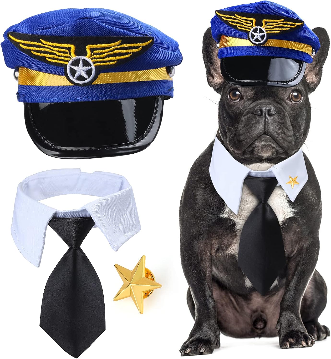 Yewong 3-Piece Pet Captain Costume Accessory Set - Dog & Cat Pilot Hat, Formal Necktie & Collar - Fancy Dress & Halloween Party (Set-B)