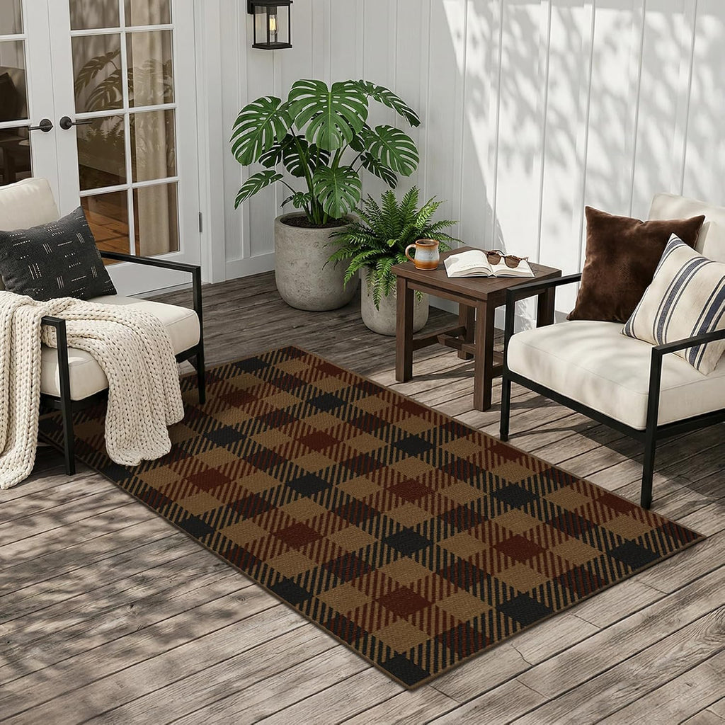 JTJ Easy Jute 3x5 Outdoor Rug, Black & Brown Plaid, Washable