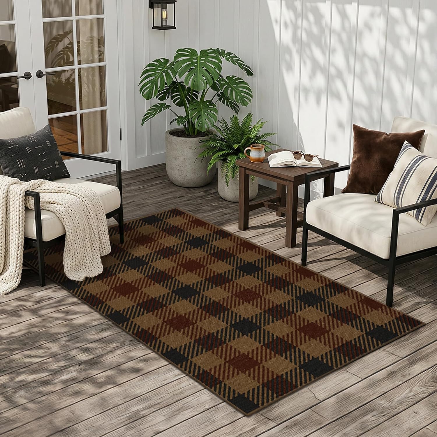 JTJ Easy Jute 3x5 Outdoor Rug, Black & Brown Plaid, Washable