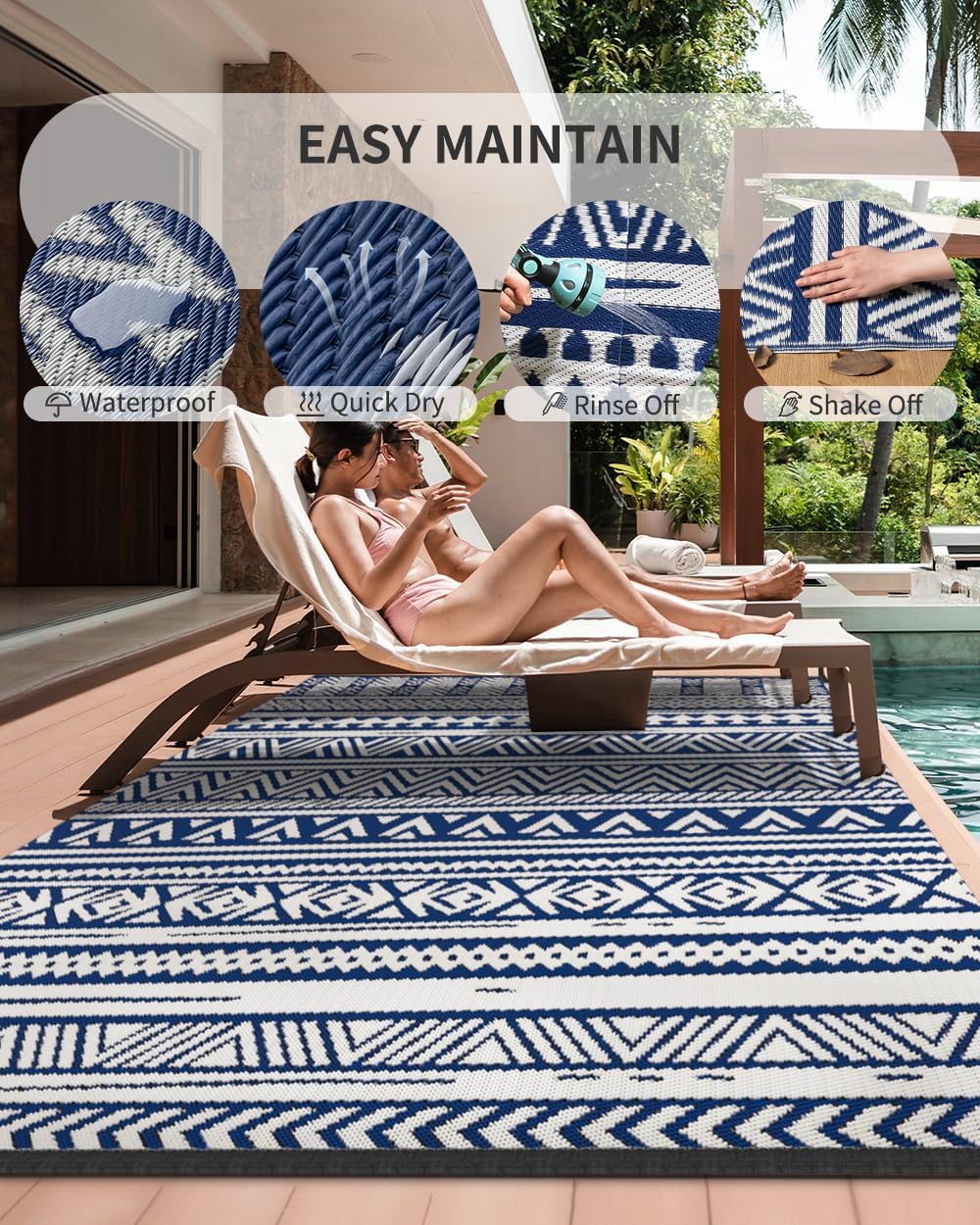 MontVoo Outdoor Rug Carpet Waterproof 6x9 Outdoor Patio Rug Mat Reverisble Plastic Straw Outdoor Rug for RV Camping Picnic Beach Balcony Boho Navy Blue