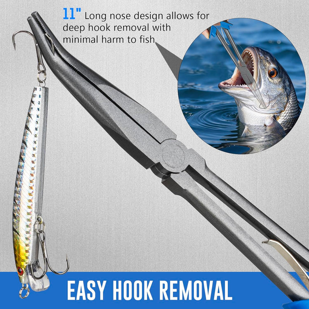 THKFISH 11" Long Nose Fishing Pliers-Saltwater Freshwater Hook Remover for Bass, Snook, Trout- Stainless Steel Corrosion-Resistant PTFE Coated Needle Nose Pliers