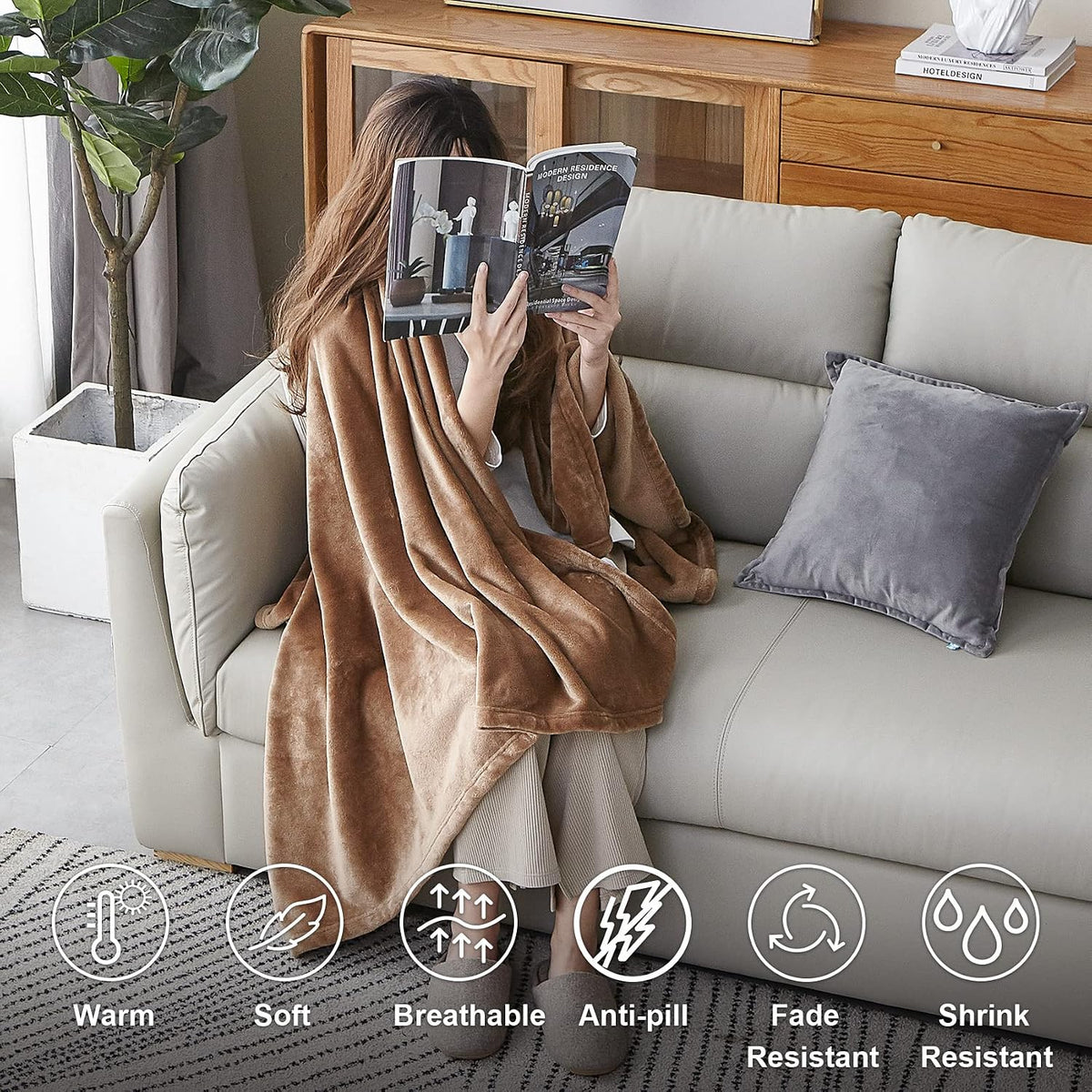 Hansleep Twin Camel Fleece Blanket, Soft Flannel Bed Blanket