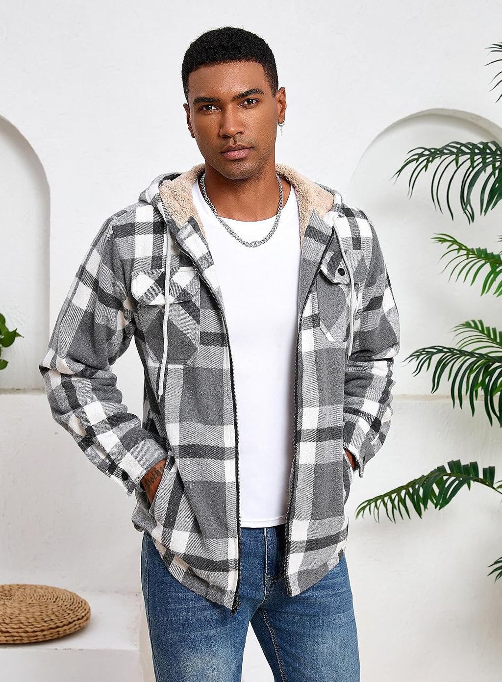 Men's Zip Up Flannel Shirt Jacket Fleece Lined with Hood