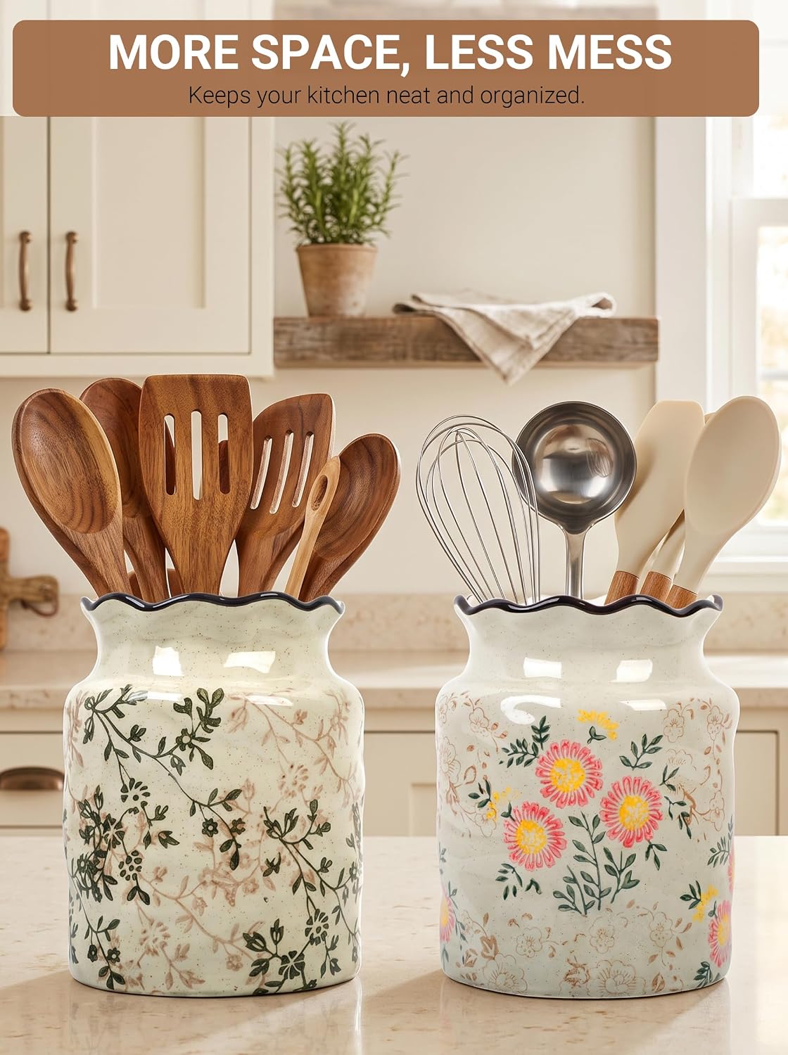Ceramic Utensil Holder for Kitchen Counter, Vintage Floral Farmhouse Décor