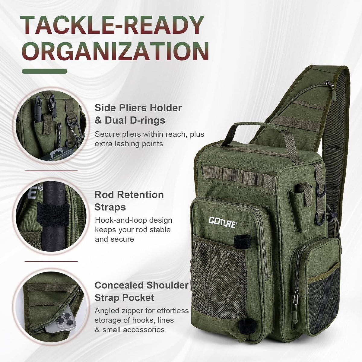 Goture OpenSide Tactical Sling Tackle Bag with 3 Tackle Trays and Fishing Tools, Lightweight Fishing Backpack Storage Gear and Equipment - Green Bag Outdoor, Gift for Men