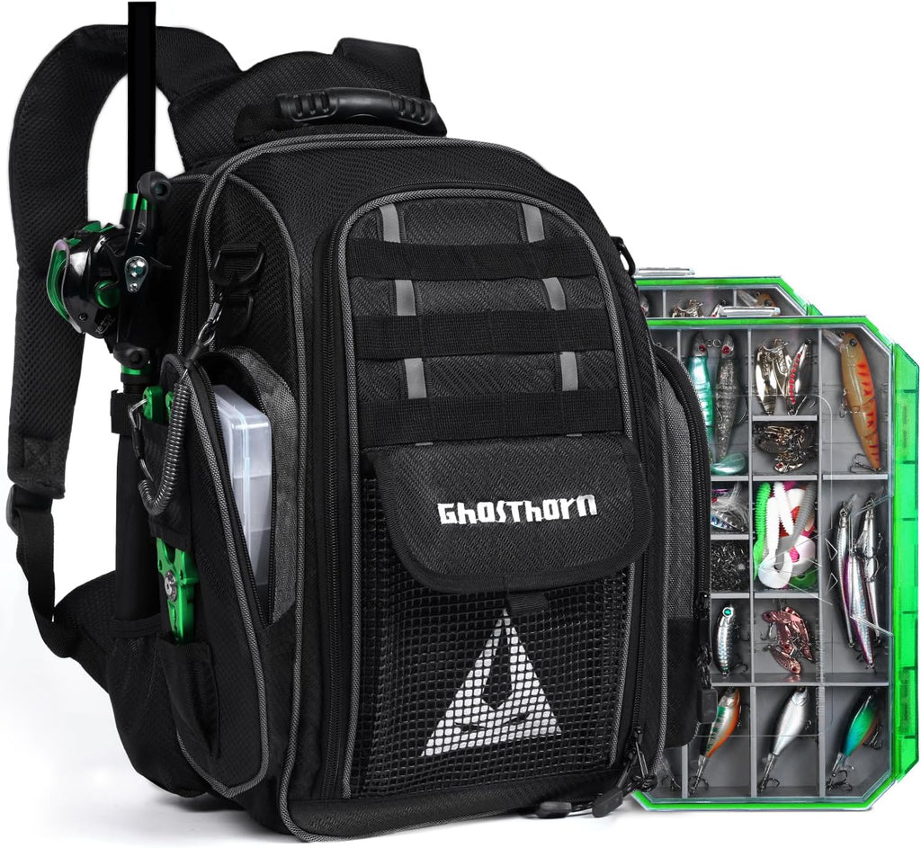 Ghosthorn 43L Fishing Tackle Backpack with 4 Tackle Boxes & Rod Holder