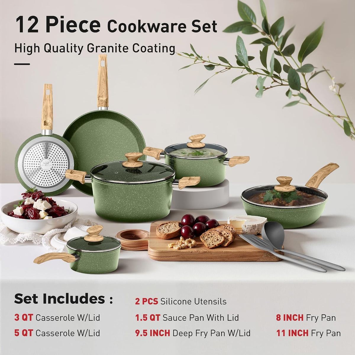 DishDelight 12 Piece Pots and Pans Set, Nonstick Kitchen Cookware Sets