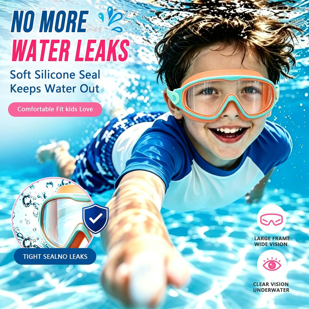 Kids Swim Goggles 2 Pack for Boys Girls 3-16,Wide View Swim Goggles with Anti-Fog UV Protection for Youth Toddler