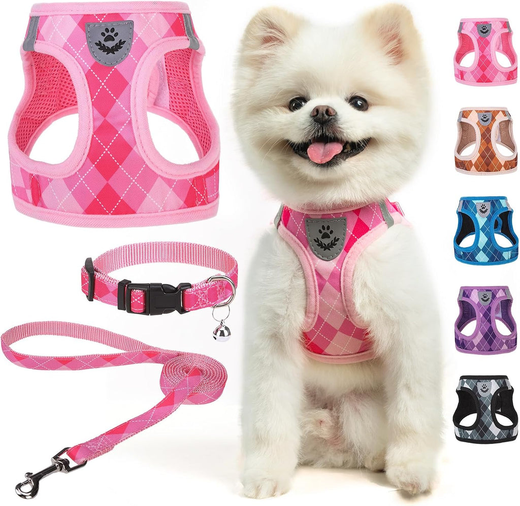 SCENEREAL Fall Thanksgiving Small Dog Harness and Leash Collar Set, Step in No Pull Plaid Puppy Harness for Small Dogs Outdoor Walking, Soft Mesh No Chock Reflective Vest Harness, Brown XS