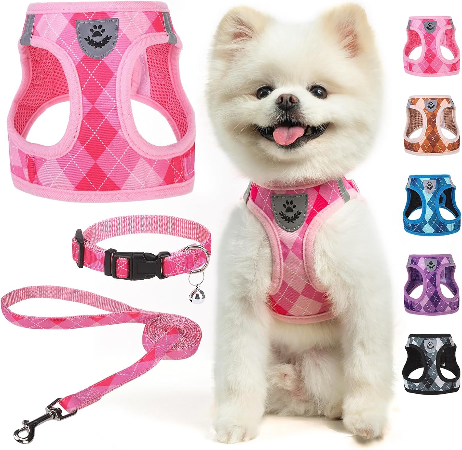 SCENEREAL Fall Thanksgiving Small Dog Harness and Leash Collar Set, Step in No Pull Plaid Puppy Harness for Small Dogs Outdoor Walking, Soft Mesh No Chock Reflective Vest Harness, Brown XS
