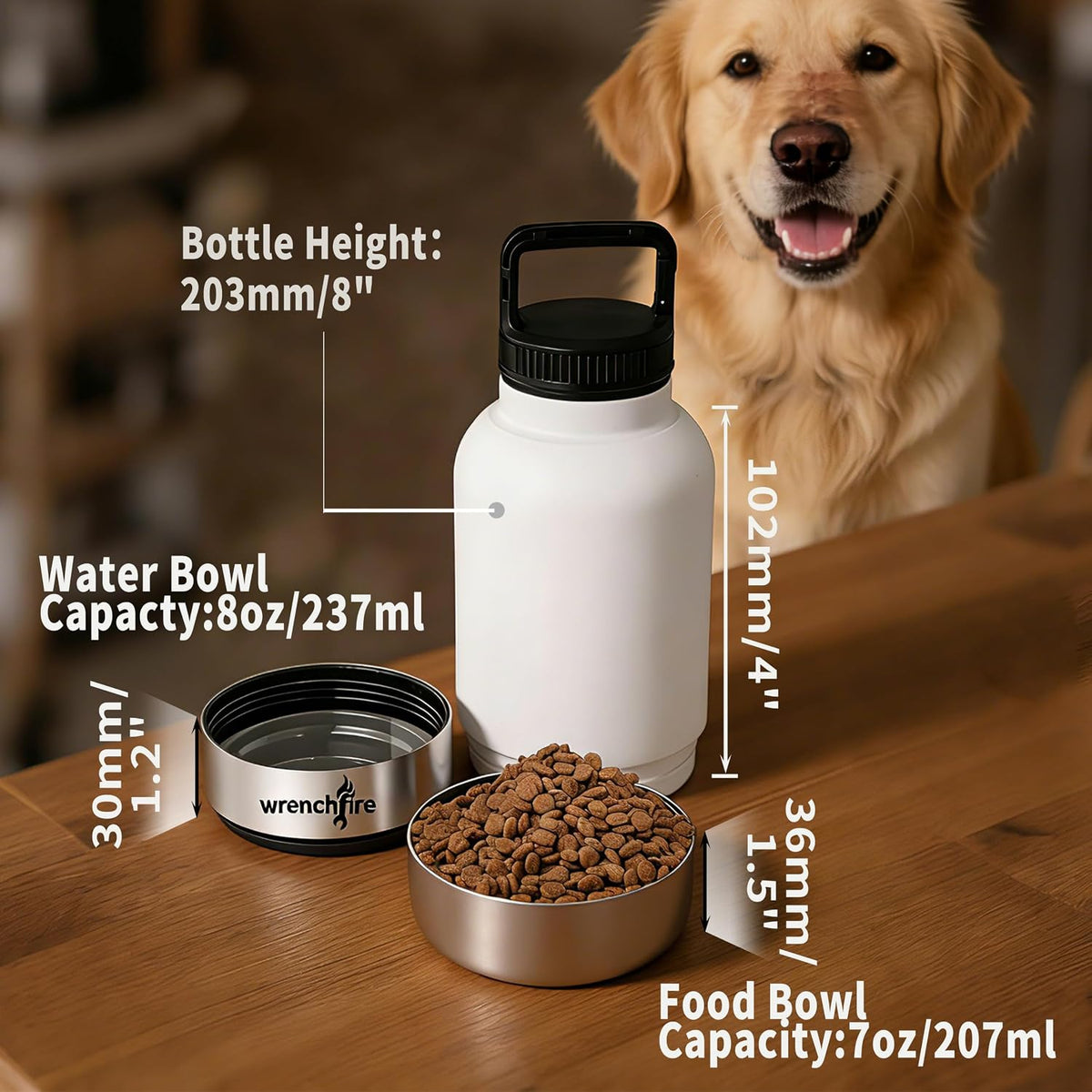 32 oz Instulated Stainless Steel Dog Water Bottle with 2 Detachable Bowls,Portable Cat Travel Dispenser with Brush for Walking Hiking Camping,White