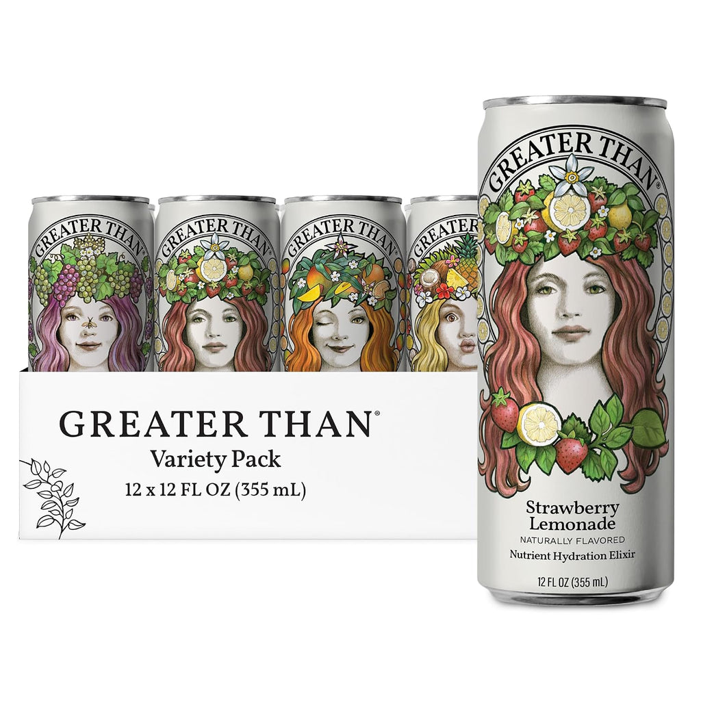 GREATER THAN Hydration for Her - Nutrient Enhanced Coconut Water Electrolyte Beverage with Real Fruit, Plant-Based Vitamins & Fiber, Clean Functional Hydration, Variety Pack, 12 oz (12 Pack)