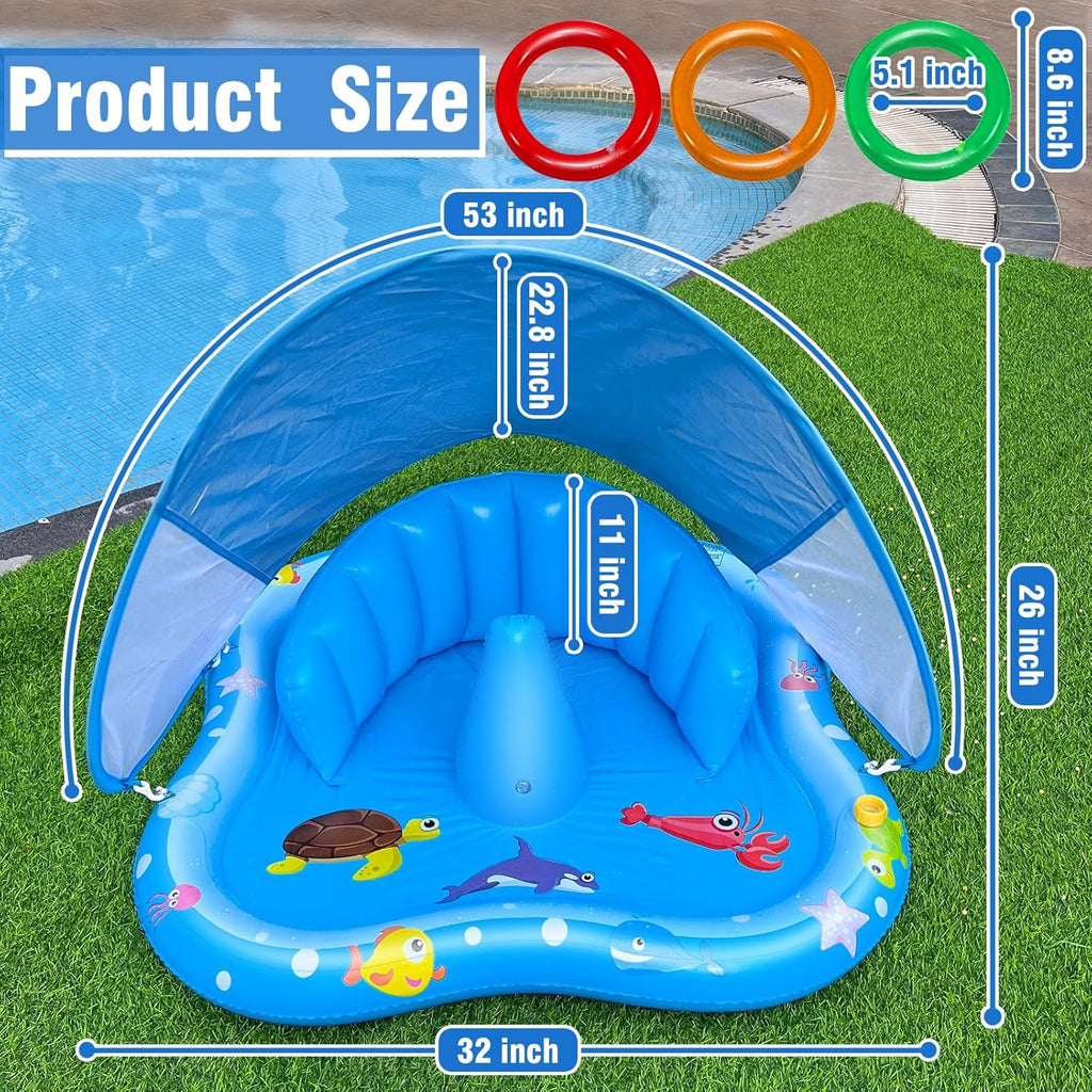 Baby Play Mat with Sprinkler, Pool Floats with Canopy for Age 6-36 Months | Inflatable Kiddie Pool with Backrest & Stackable Rings Water Sprinkler for Kids Outdoor Water Play Toys,Backyard Water Games