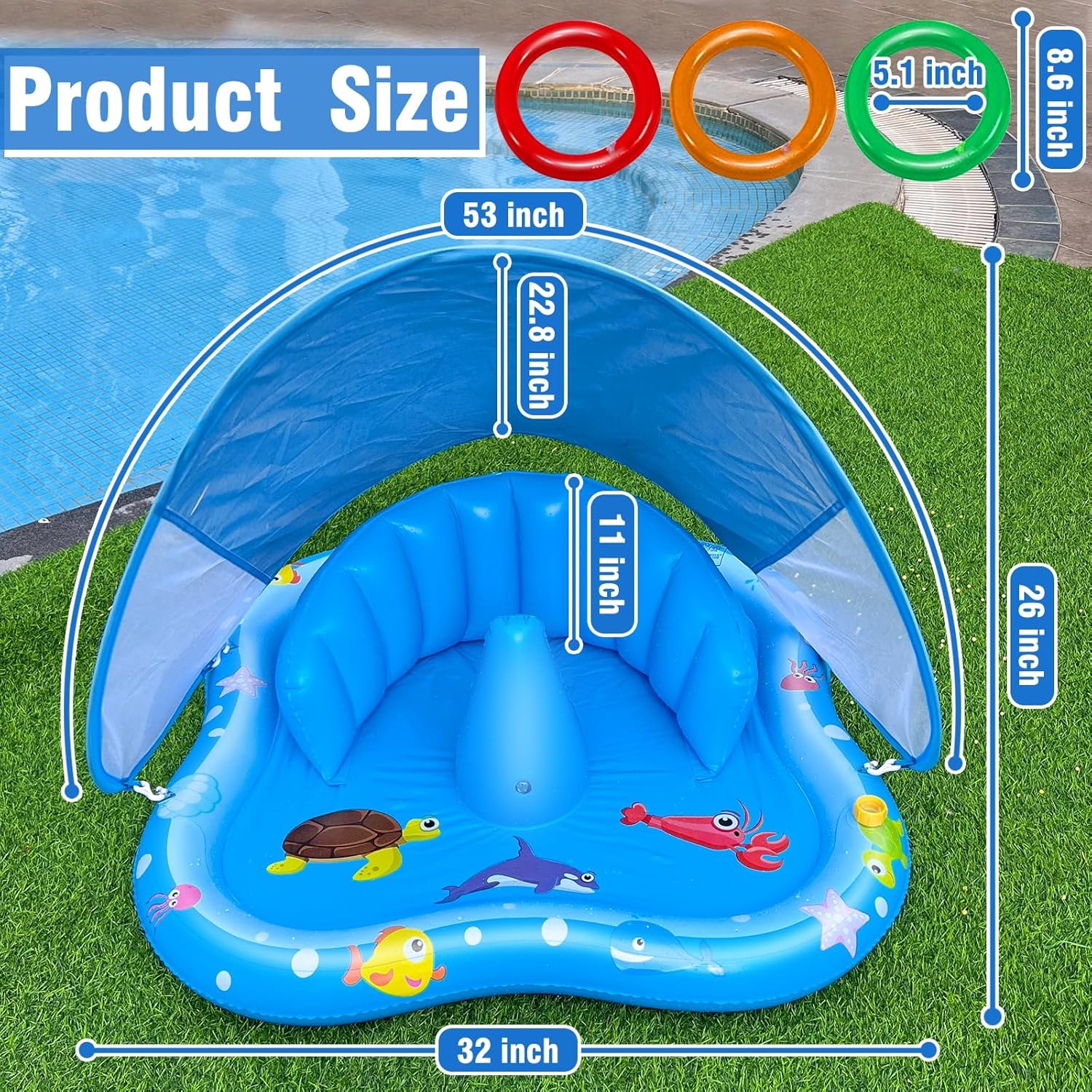 Baby Play Mat with Sprinkler, Pool Floats with Canopy for Age 6-36 Months | Inflatable Kiddie Pool with Backrest & Stackable Rings Water Sprinkler for Kids Outdoor Water Play Toys,Backyard Water Games