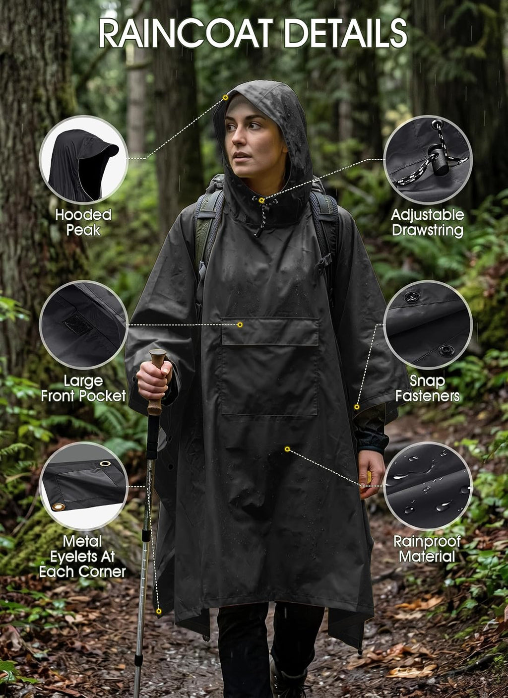TOMSHOO Multifunctional Raincoat with Hood Waterproof for Adults
