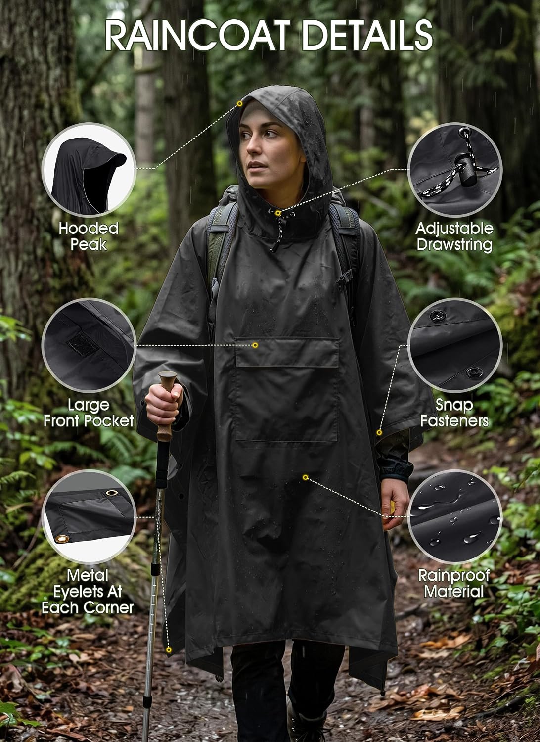 TOMSHOO Multifunctional Raincoat with Hood Waterproof for Adults
