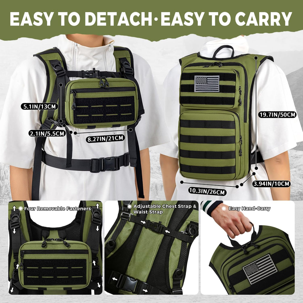 Koculemi Tactical Hydration Backpack with 2L Water Bladder and Front Small Tactical Pouch, Outdoor Water Backpack for Men Women, Sports Hydration Pack for Hiking, Cycling,Climbing