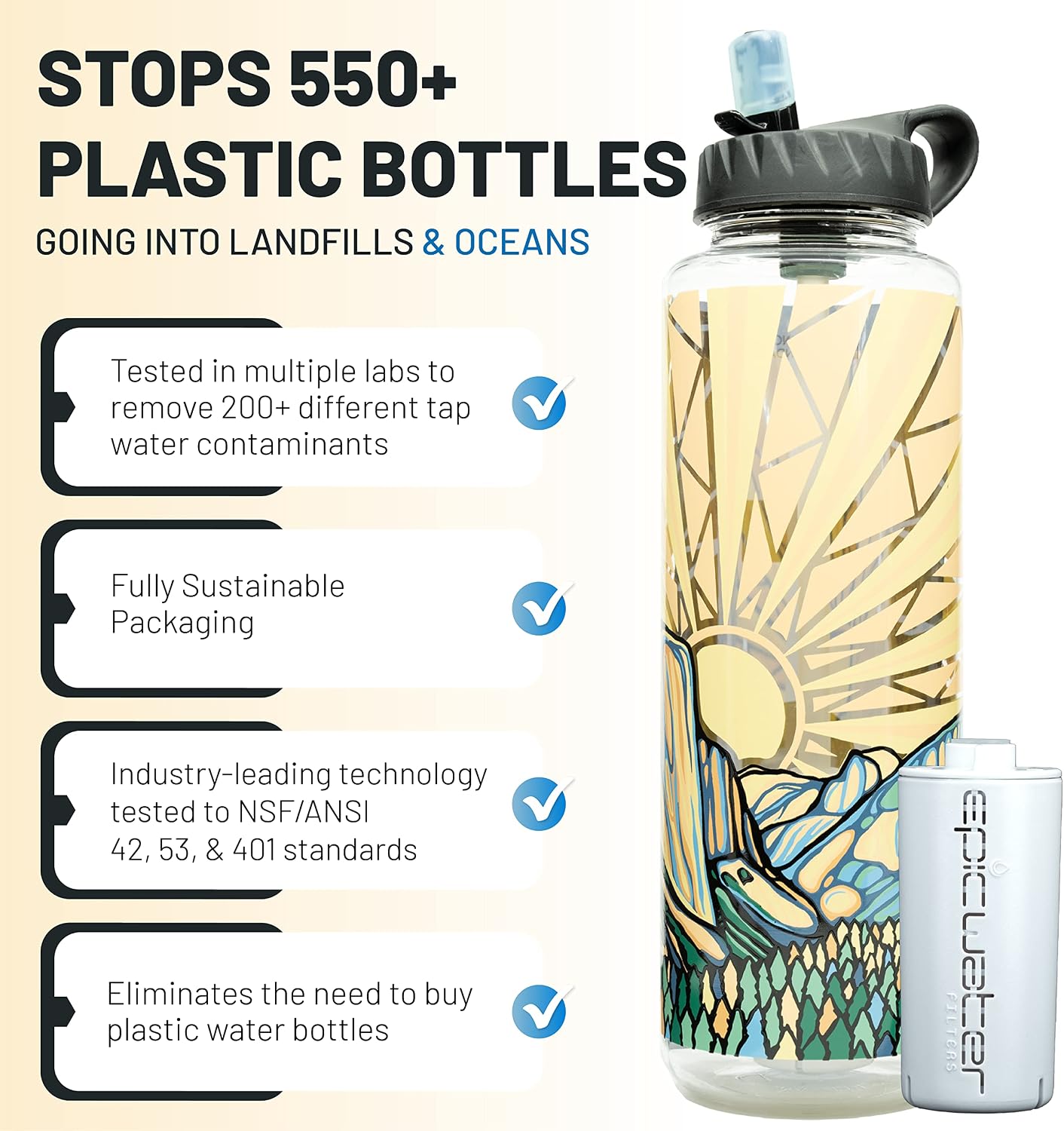 Epic Water Filters Nalgene OG Water Bottle with Filter, USA Made, BPA Free, Removes 99.99% Tap Water Contaminants, Forever Chemicals, Honnold Foundation Art, 48 oz