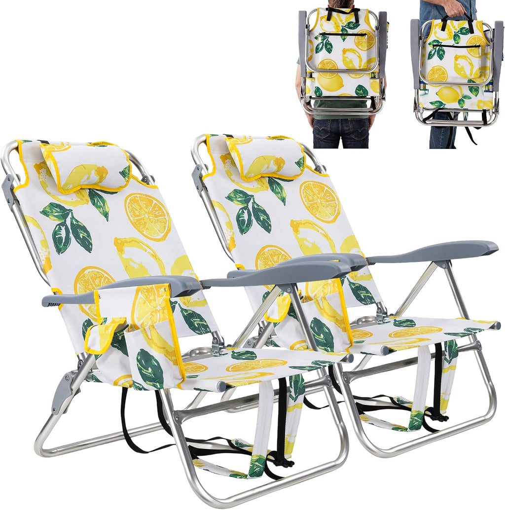 Backpack Beach Camping Chairs with 8 Positions Lay Flat, 2 Pack Lightweight Folding Beach Chair with Adjustable Headrest, Pouch, Cup Holder for Outdoor Lawn Picnic, Support 300LBS(Stripes_Blue & Cyan)