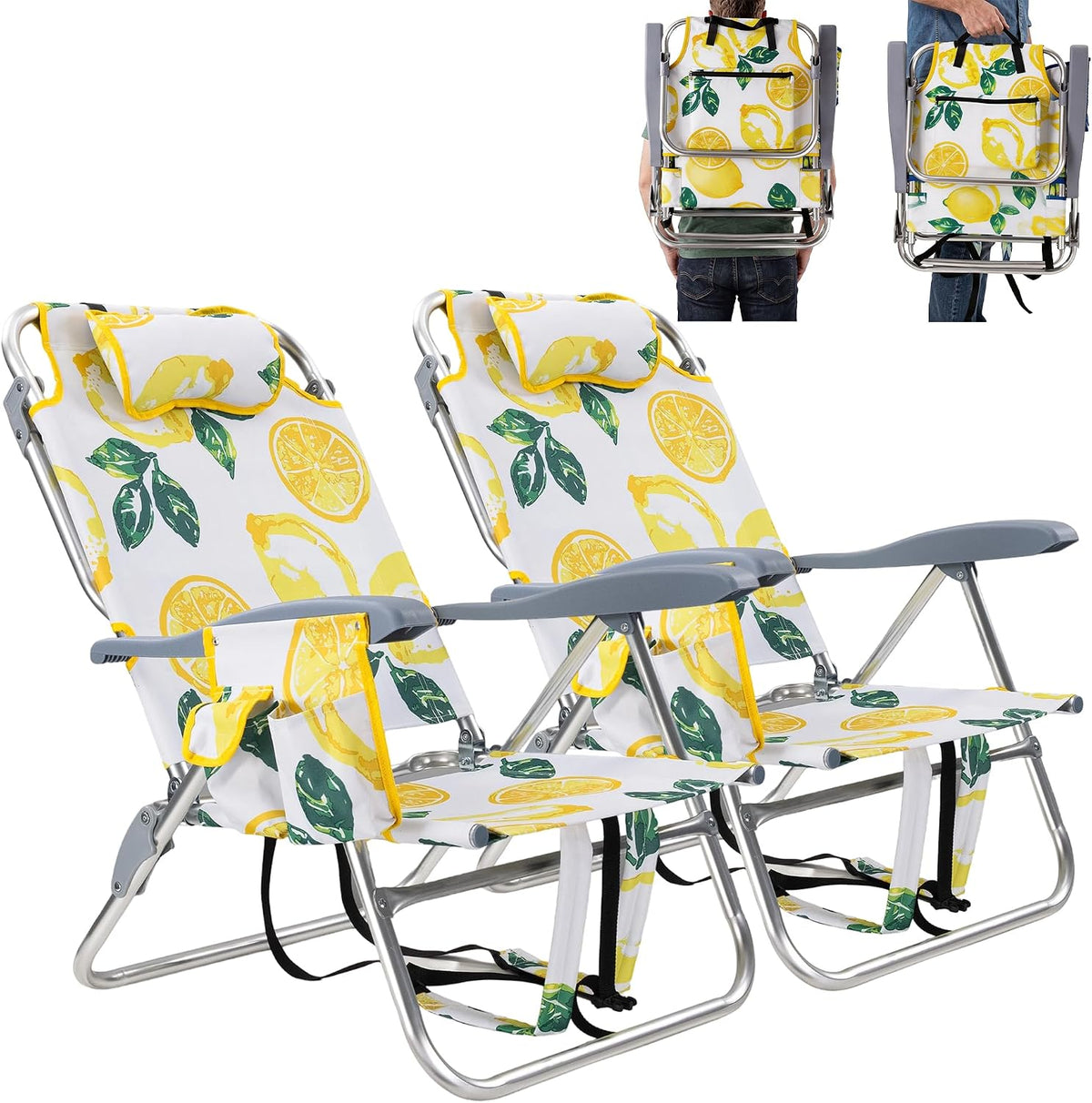 Backpack Beach Camping Chairs with 8 Positions Lay Flat, 2 Pack Lightweight Folding Beach Chair with Adjustable Headrest, Pouch, Cup Holder for Outdoor Lawn Picnic, Support 300LBS(Stripes_Blue & Cyan)