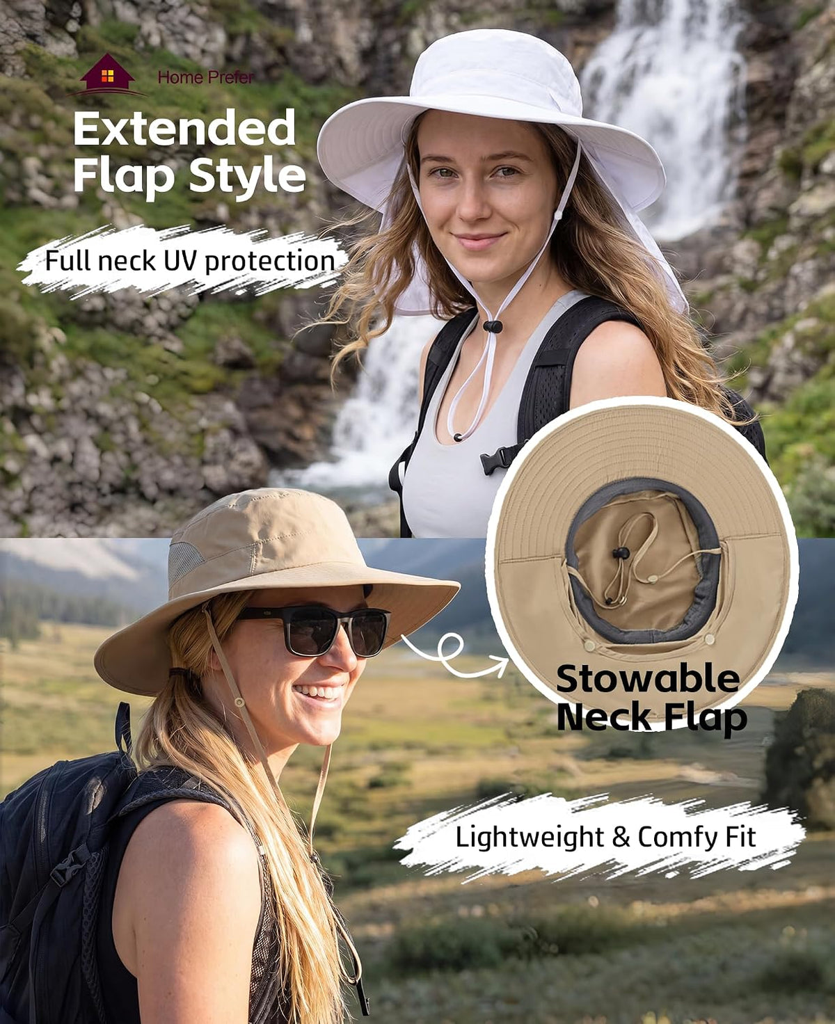Home Prefer UPF 50+ Wide Brim Sun Hats with Neck Flap Sun Protection Hat for Men Women Gardening Fishing Summer Bucket Hat