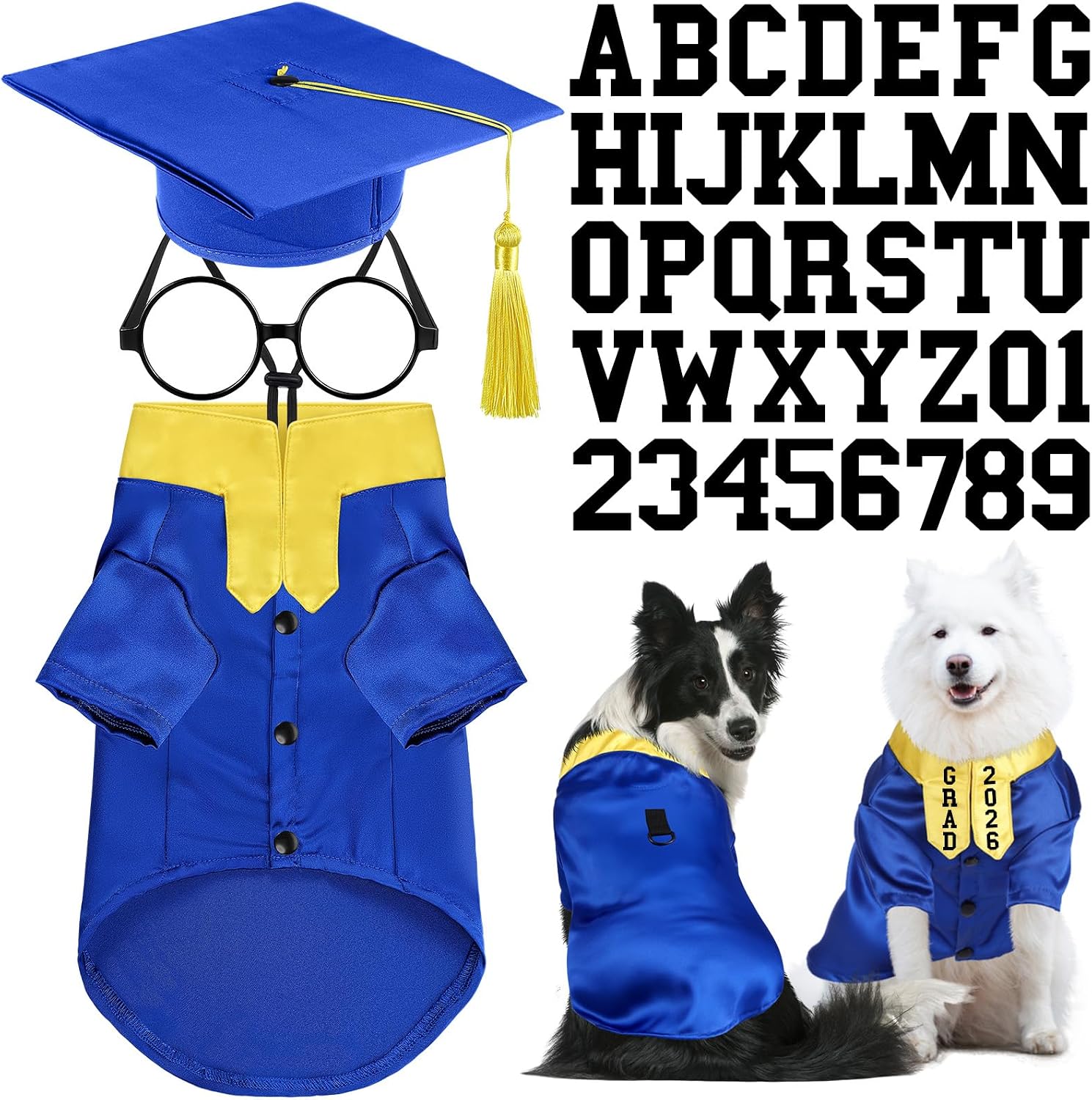 Huhumy 5 Pcs Dog Graduation Costume Set Include 2026 Pet Graduation Gown with Stole Puppy Grad Cap Lensless Glasses DIY Letter Stickers for Dogs Cats Holiday Costume Accessory(Maroon Yellow,S)