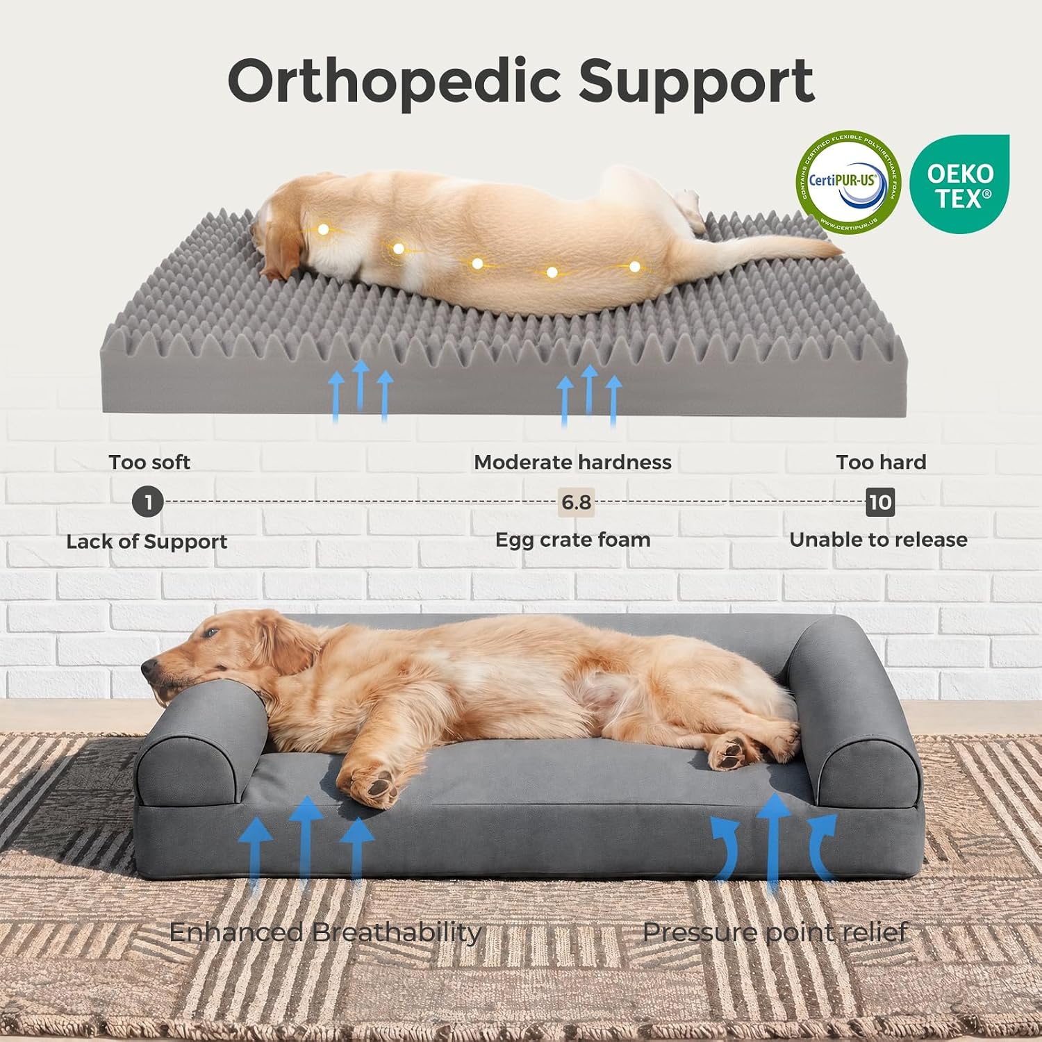 Sytopia XL Orthopedic Outdoor Dog Beds Large Sized Dog, Supportive Dogs Couch with Waterproof Washable Cover, Extra Large Comfort Pet Sofa with Soft Sherpa & Nonskid Bottom, Grey, 42"