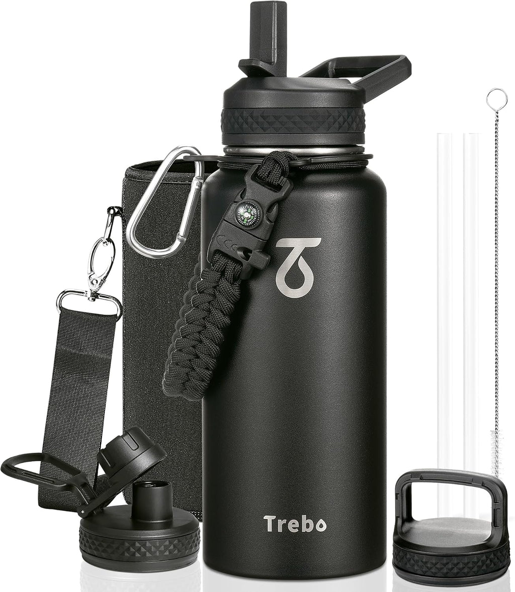 Trebo Insulated Water Bottle 32 oz with 3 Lids, Paracord Handle & Sleeve