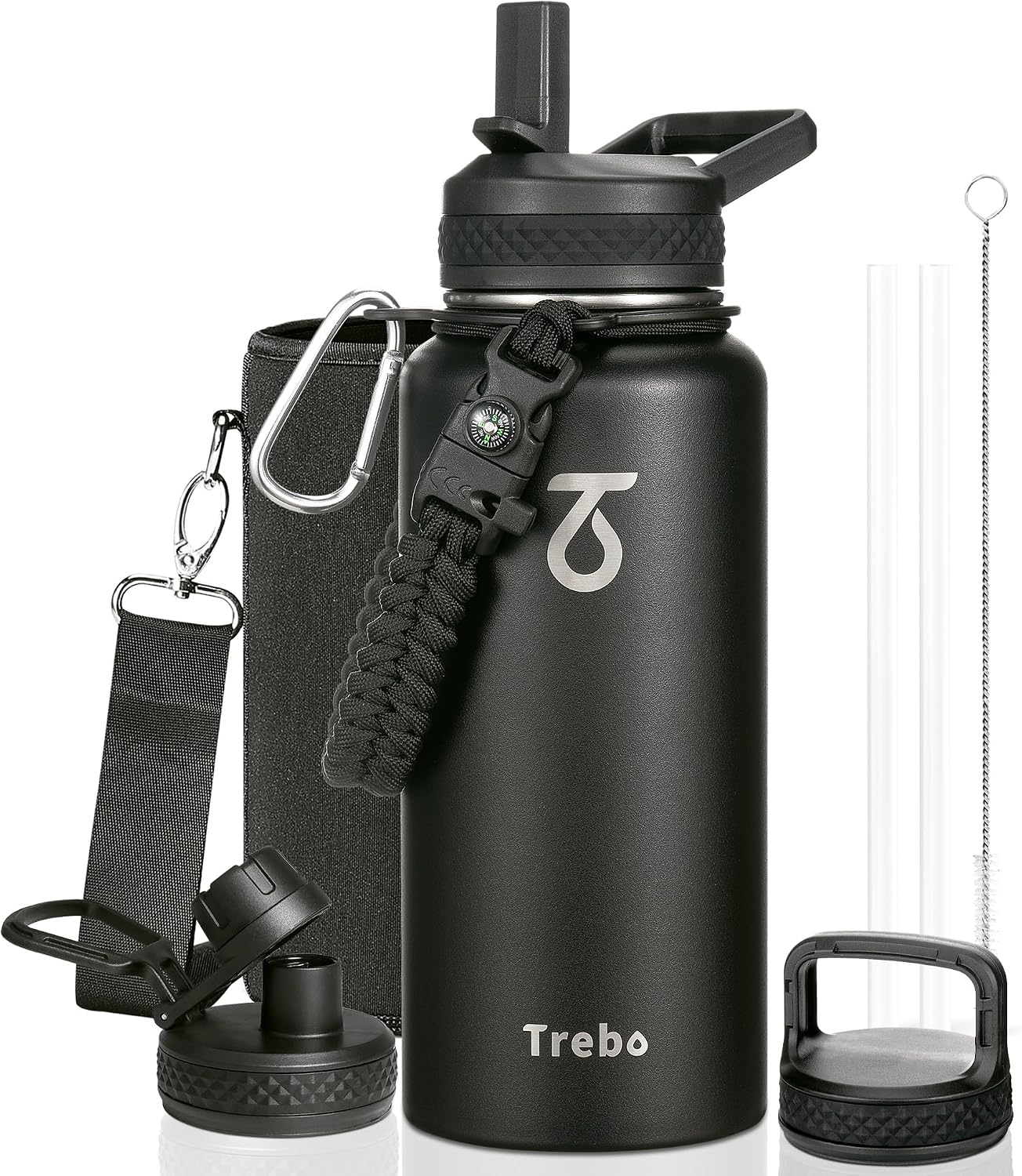 Trebo Insulated Water Bottle 32 oz with 3 Lids, Paracord Handle & Sleeve