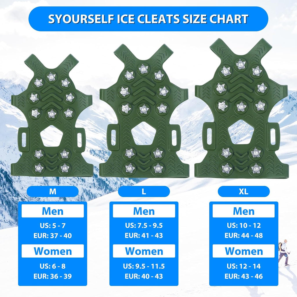 SYOURSELF Ice Cleats, Crampons Ice Cleats for Shoes and Boots Women Men Kids, Non Slip Grippers Spikes for Shoes with Straps, Ice Traction Cleats for Snow and Ice, Hiking, Walking, Fishing, Climbing