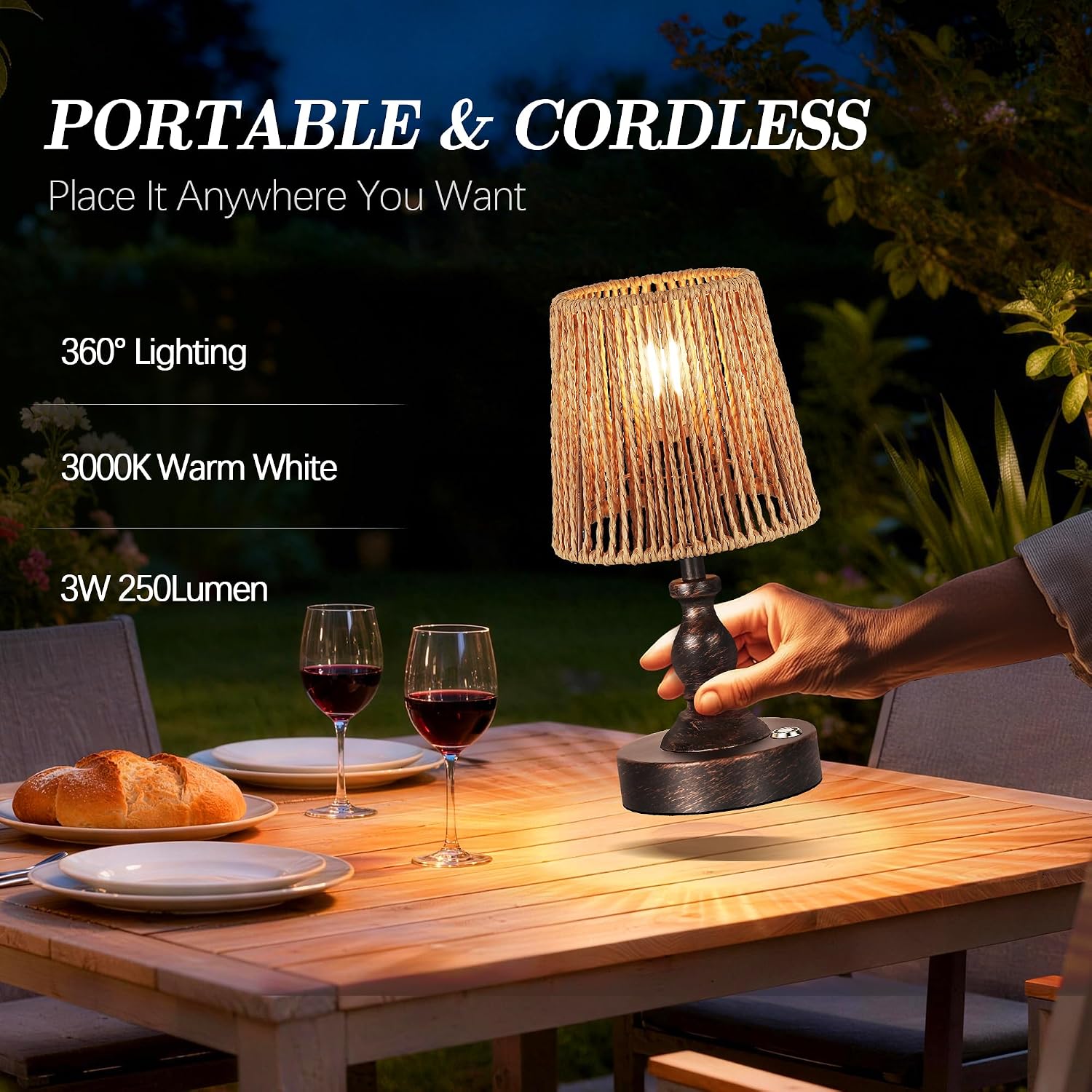 PARTPHONER Mini Cordless LED Table Lamp, 5200mAh Rechargeable Battery Operated Lamp, 3-Level Brightness, Touch Dimmable Desk Lamp, Bedside Night Light with Rattan Shade, Oil Rubbed Bronze
