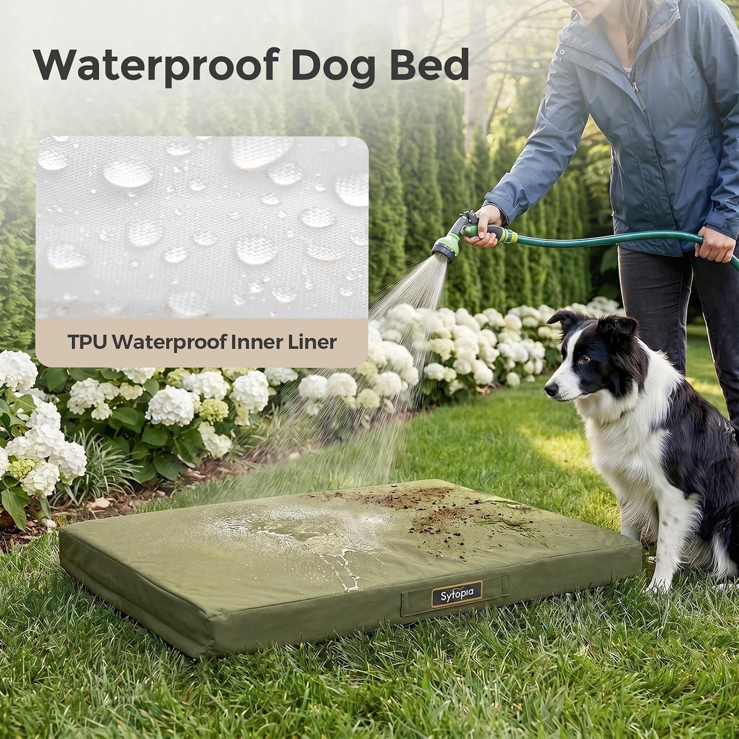 Sytopia Outdoor Dog Bed for Large Sized Dogs, 42“ Canvas Waterproof Pet Bed with Removable Washable Cover, XL Cooling Mat for Patio, Crate, Camping, Travel & Home, Green