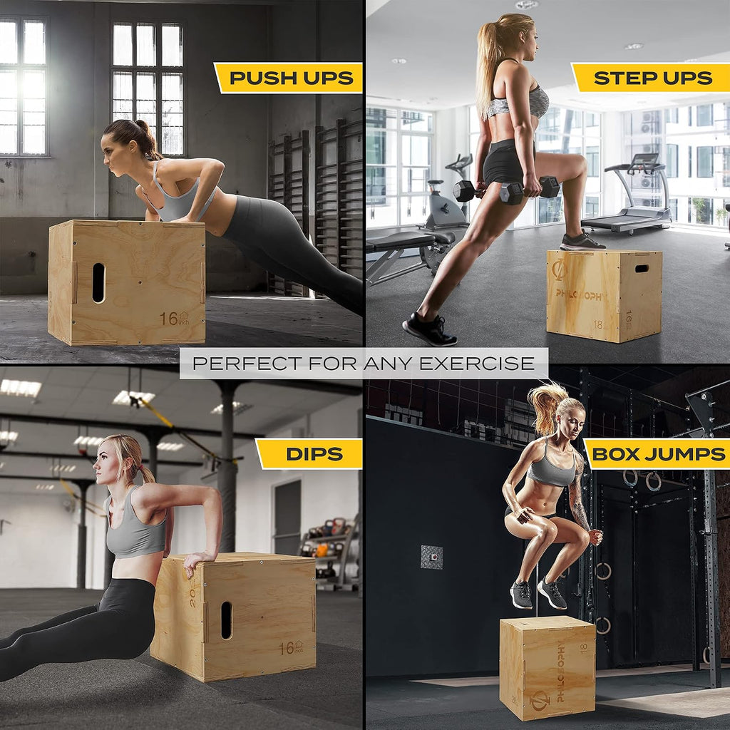 Philosophy Gym 3-in-1 Wooden Plyo Box, Wood Plyometric Jump Box Platform for Home Gym, HIIT, Jumps, Step-Ups, and Strength Training
