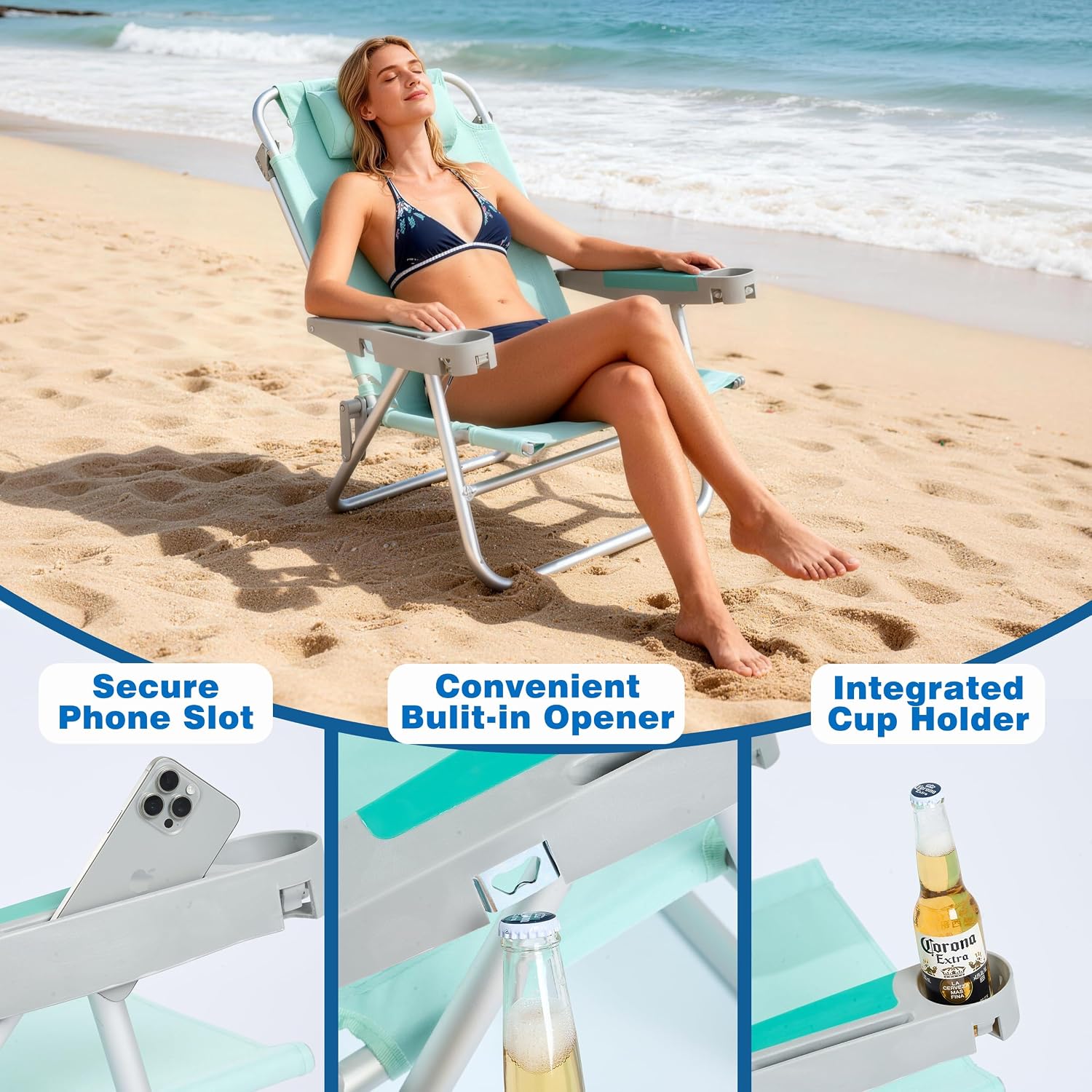 SUNNYFEEL Extra Wide Low Beach Chair 2 Pack 5 Position Lay, XL Oversized Portable Folding Camping Chairs with Cup Holder for Outdoor/Sand, Foldable Backpack Beach Chair for Adults Heavy Duty 500 LBS