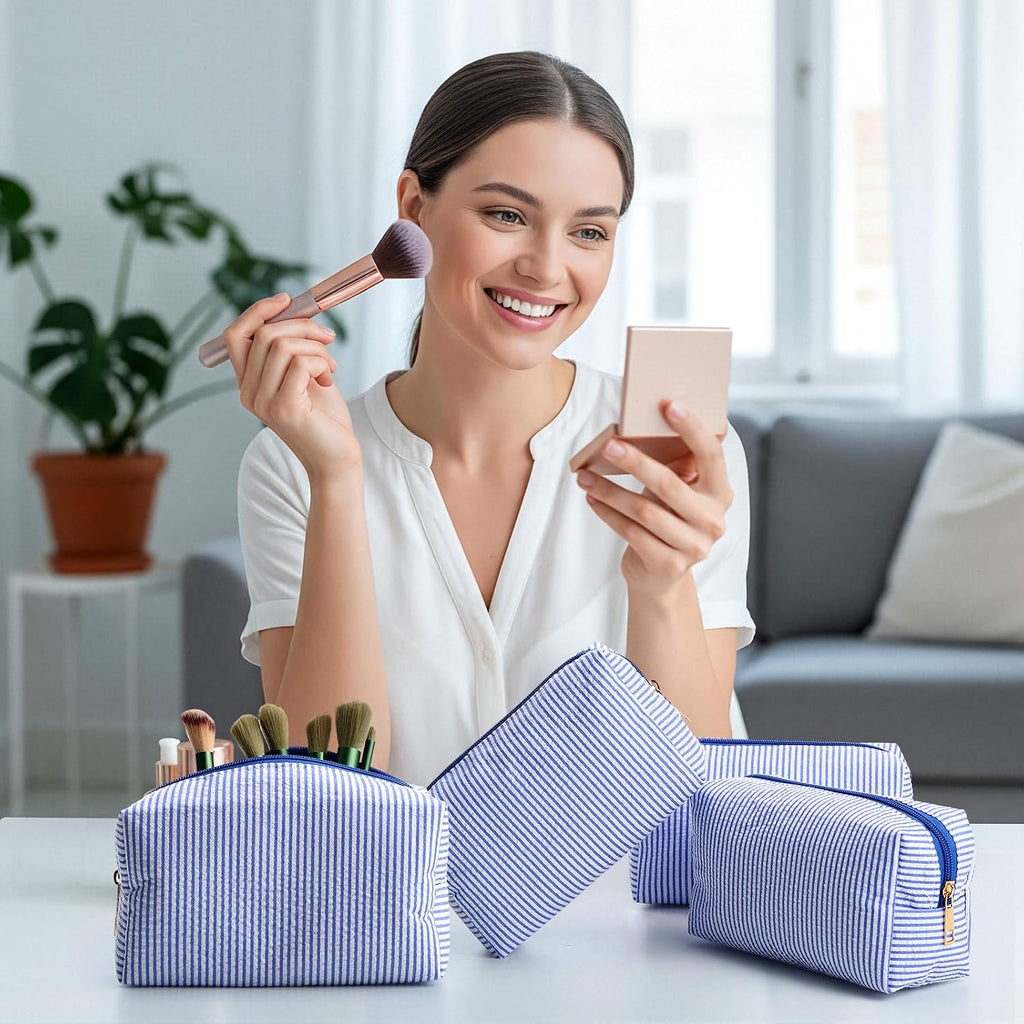 Sanwuta 12 Pcs Seersucker Cosmetic Bags Bulk, Striped Zippered,Blue