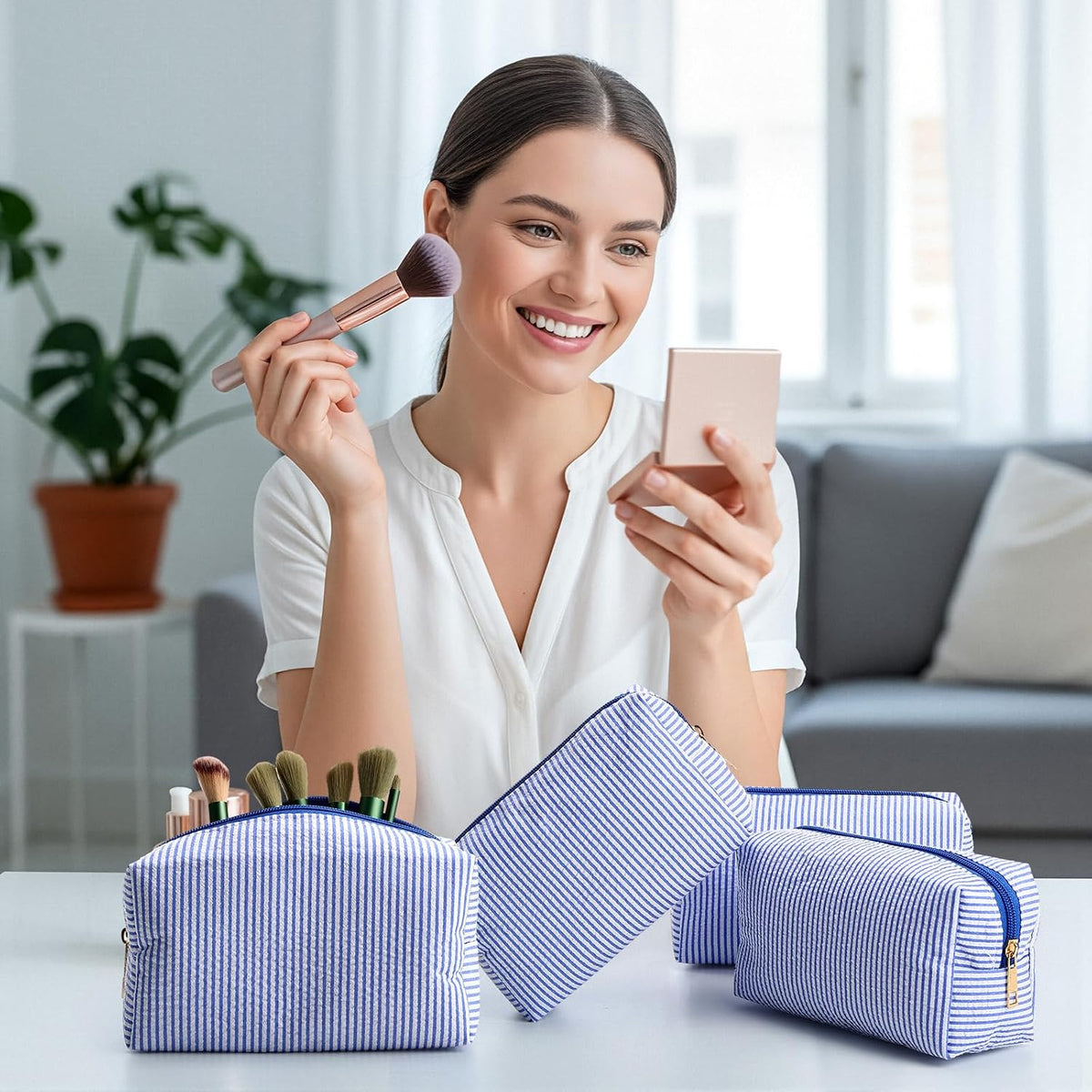 Sanwuta 12 Pcs Seersucker Cosmetic Bags Bulk, Striped Zippered,Blue