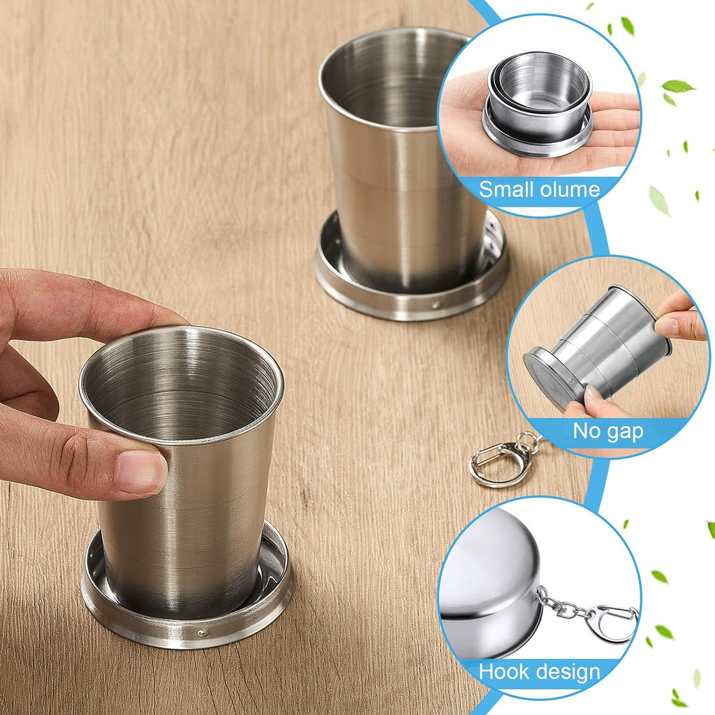 Tessco for you 6 Pieces Collapsible Shot Glasses Stainless Steel Collapsible Cup Reusable Portable Travel Folding Cup with Lid and Keychain for Camping Hiking Cycling(5 oz)