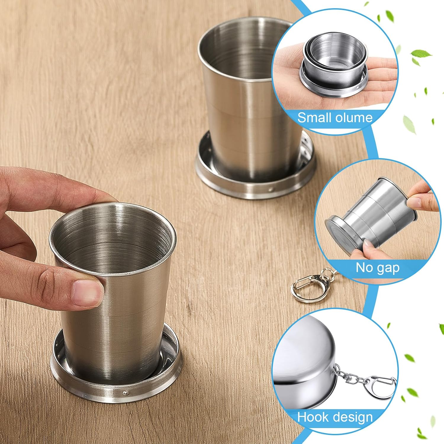 Tessco for you 6 Pieces Collapsible Shot Glasses Stainless Steel Collapsible Cup Reusable Portable Travel Folding Cup with Lid and Keychain for Camping Hiking Cycling(5 oz)