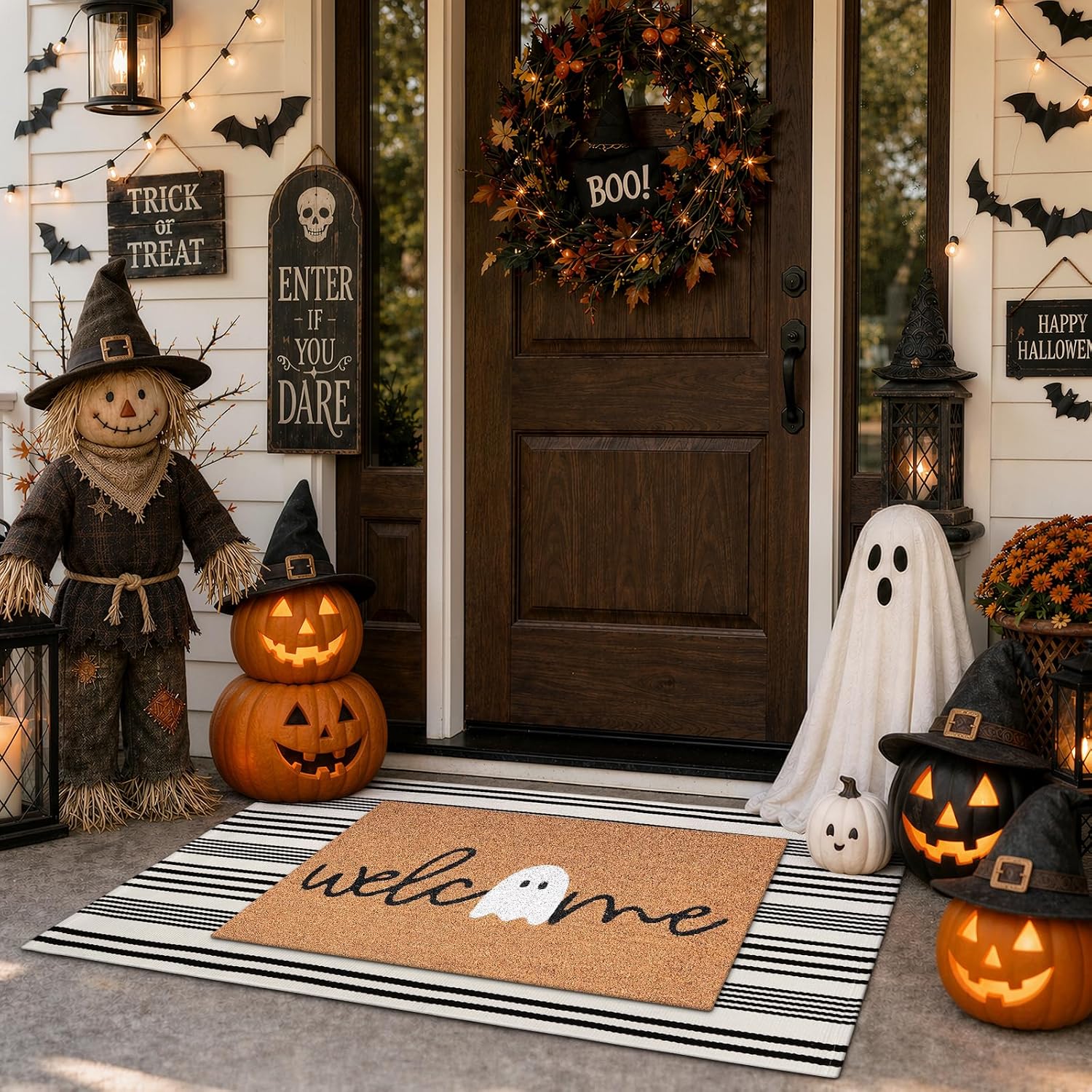Fall Front Door Mat 2'x4.3', Cotton Washable Striped Outdoor Rug