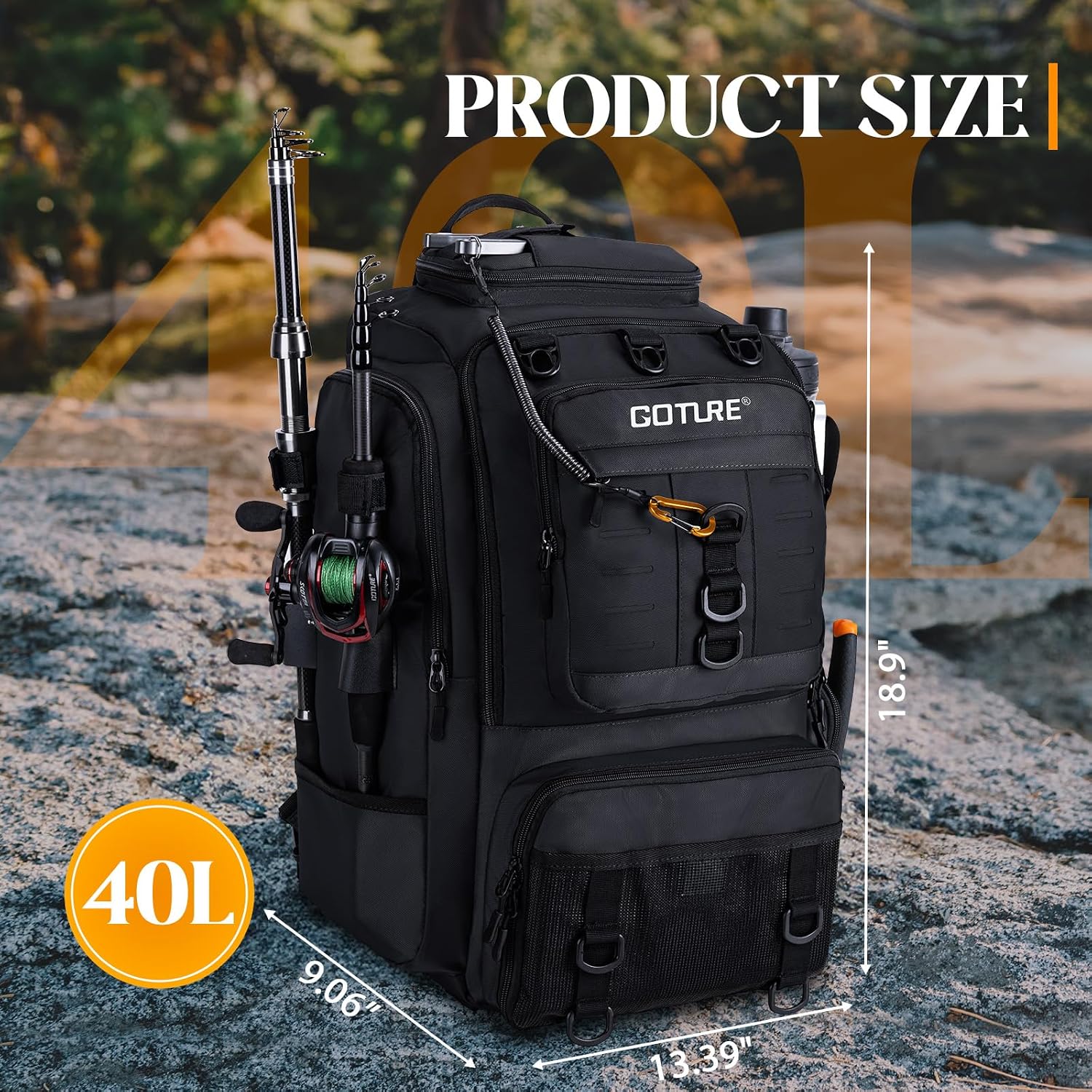 Goture 40L Black Fishing Tackle Backpack w/Cooler & fishing tackle boxes