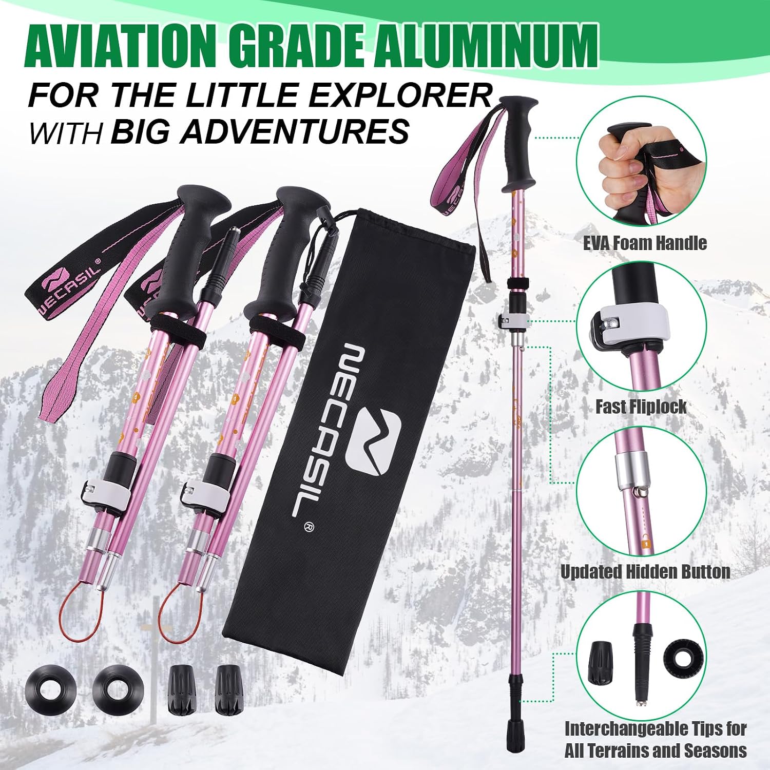 Kids Hiking Poles Lightweight Adjustable Trekking Sticks Collapsible
