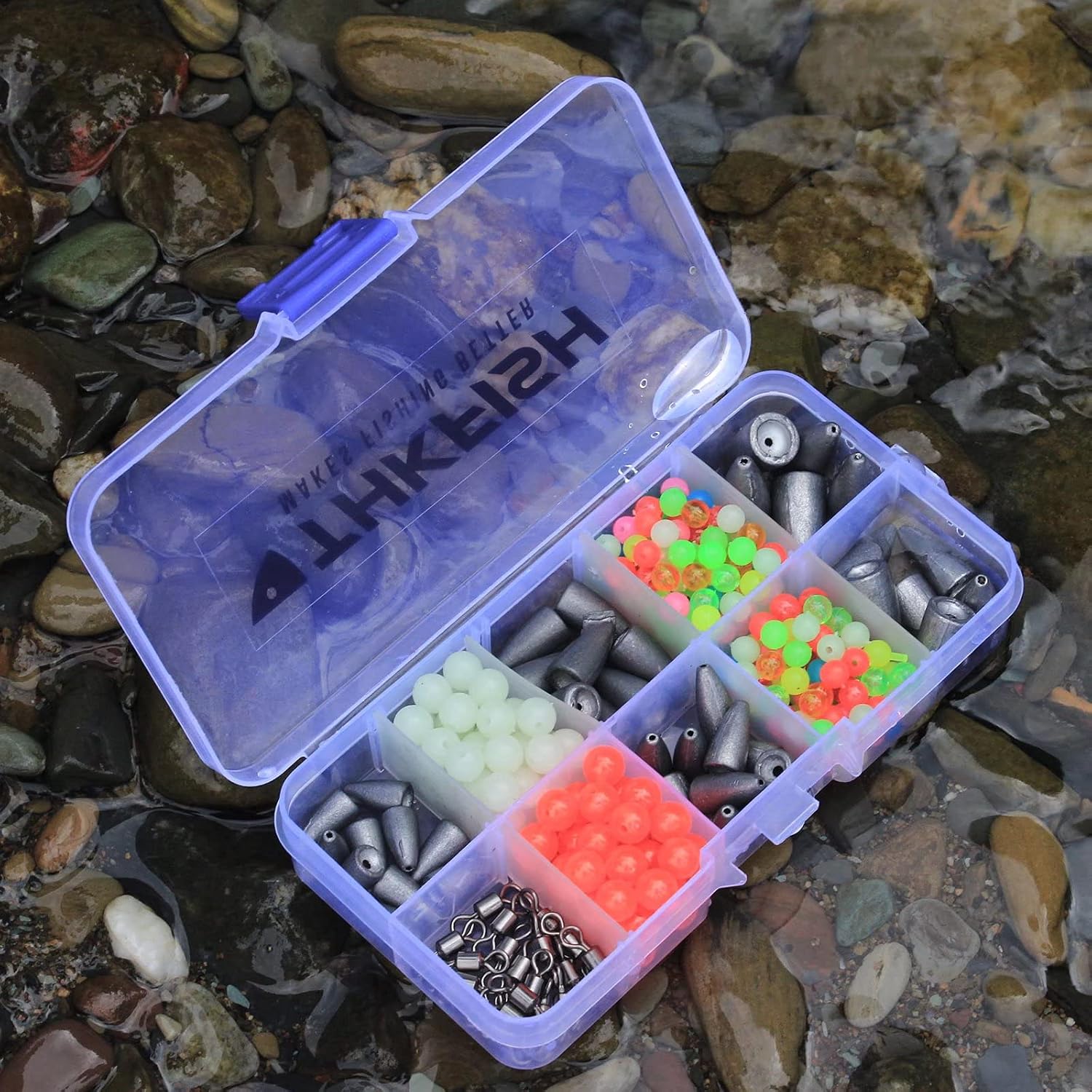 THKFISH Texas and Carolina Fishing Rig Bass Fishing Bullet-Weights for Fishing Sinkers Hooks Rolling Barrel Fishing Swivels Beads Rings Fishing Tackle Kit 35pcs/339pcs/389pcs