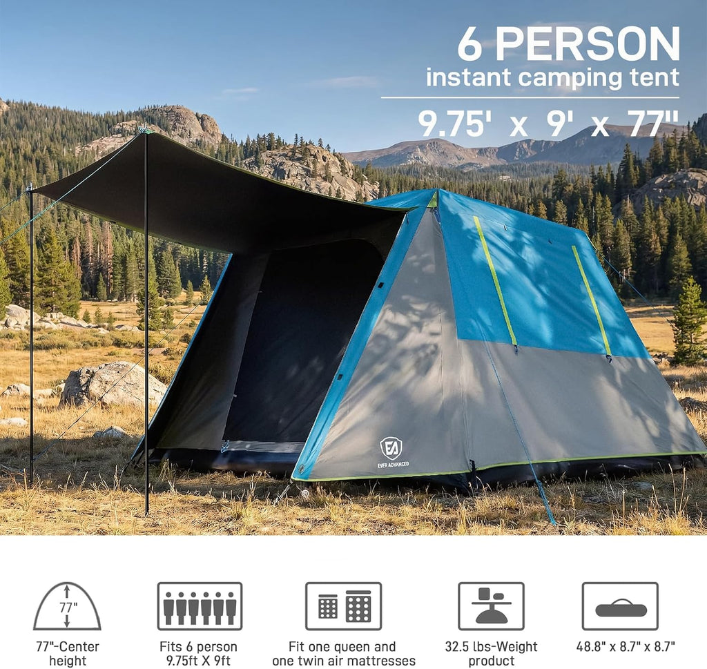 EVER ADVANCED Blackout 6 Person Camping Tent, Instant Cabin Tent for Family with Vestibule and Large Mesh Windows, 60s Easy Setup, Double Layer, Water-Resistant